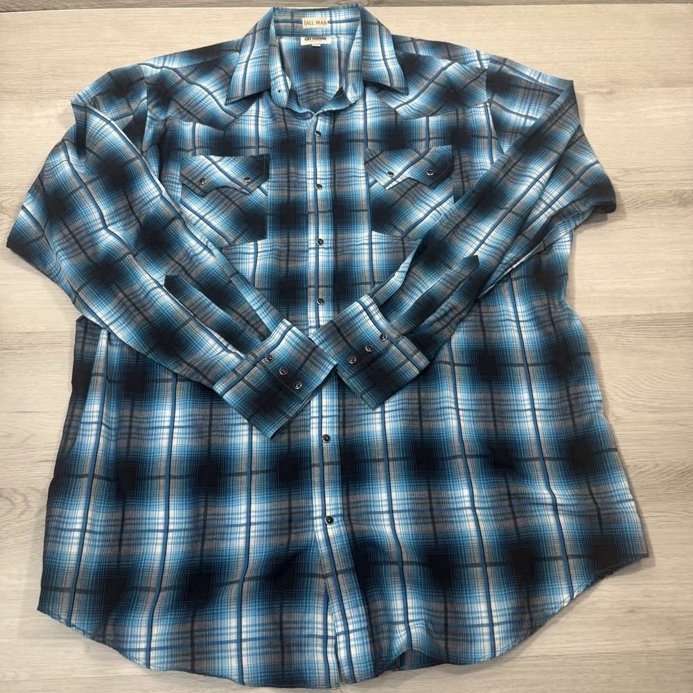Ely Cattleman Pearl Snap Western Shirt XLT Tall Teal Blue Plaid Cowboy Rodeo